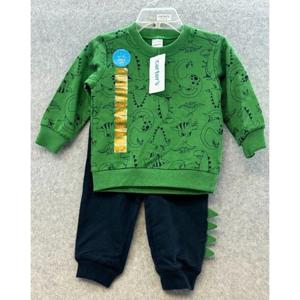Carters Boys 2 Piece Green Dinosaur Sweatshirt Blue Jogger Playwear Set 12 Month
